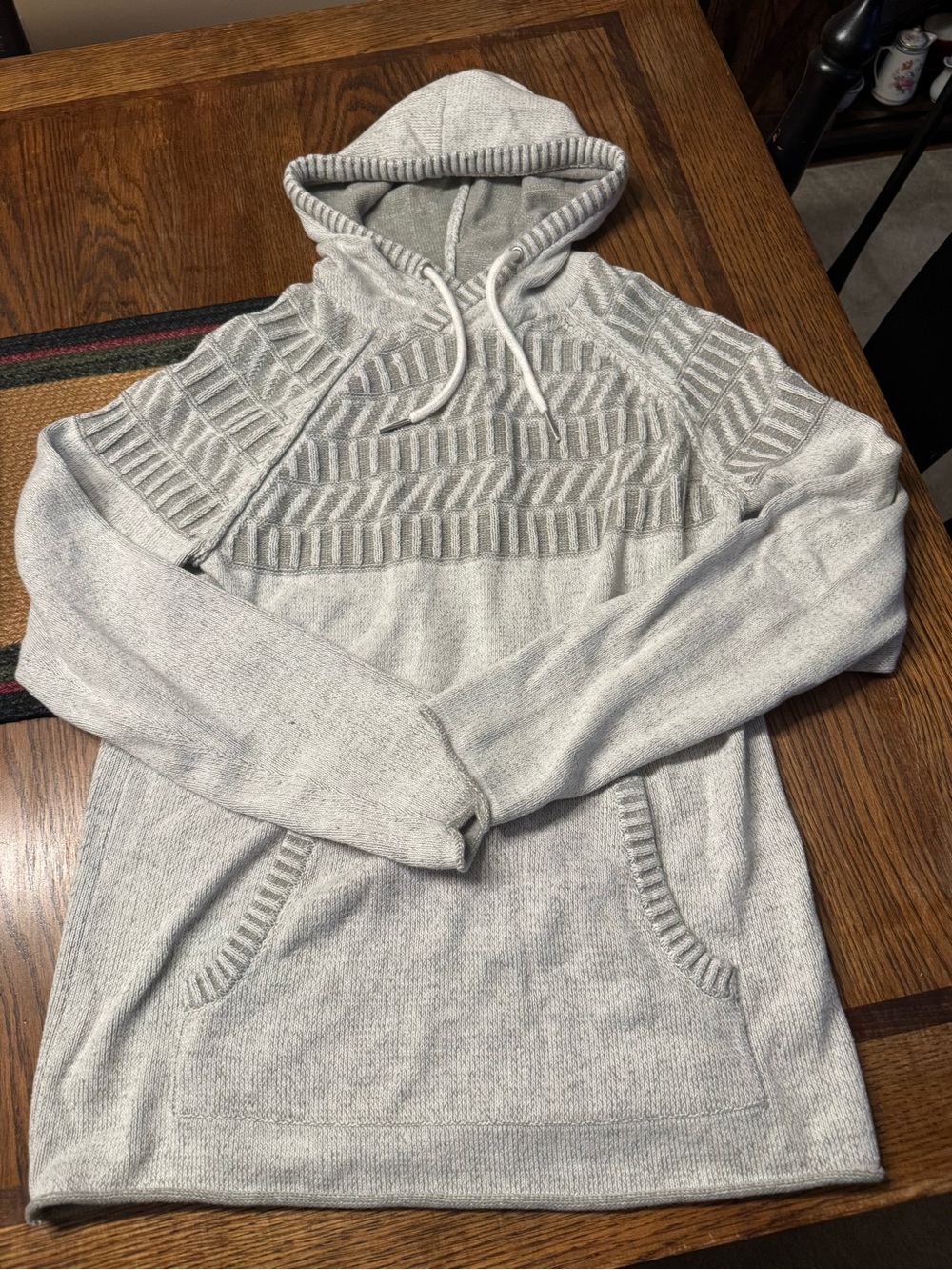 BKE Gray Hooded Knit Pullover with Chevron Yoke